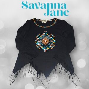 Savanna Jane Women's Aztec Embroidered Flowy Southwest Fringed Top Black S